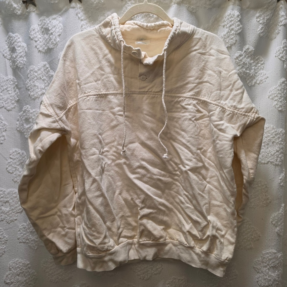 Vintage Guru Cream Cotton Henley Drawstring Sweatshirt Made in Canada Mens Large